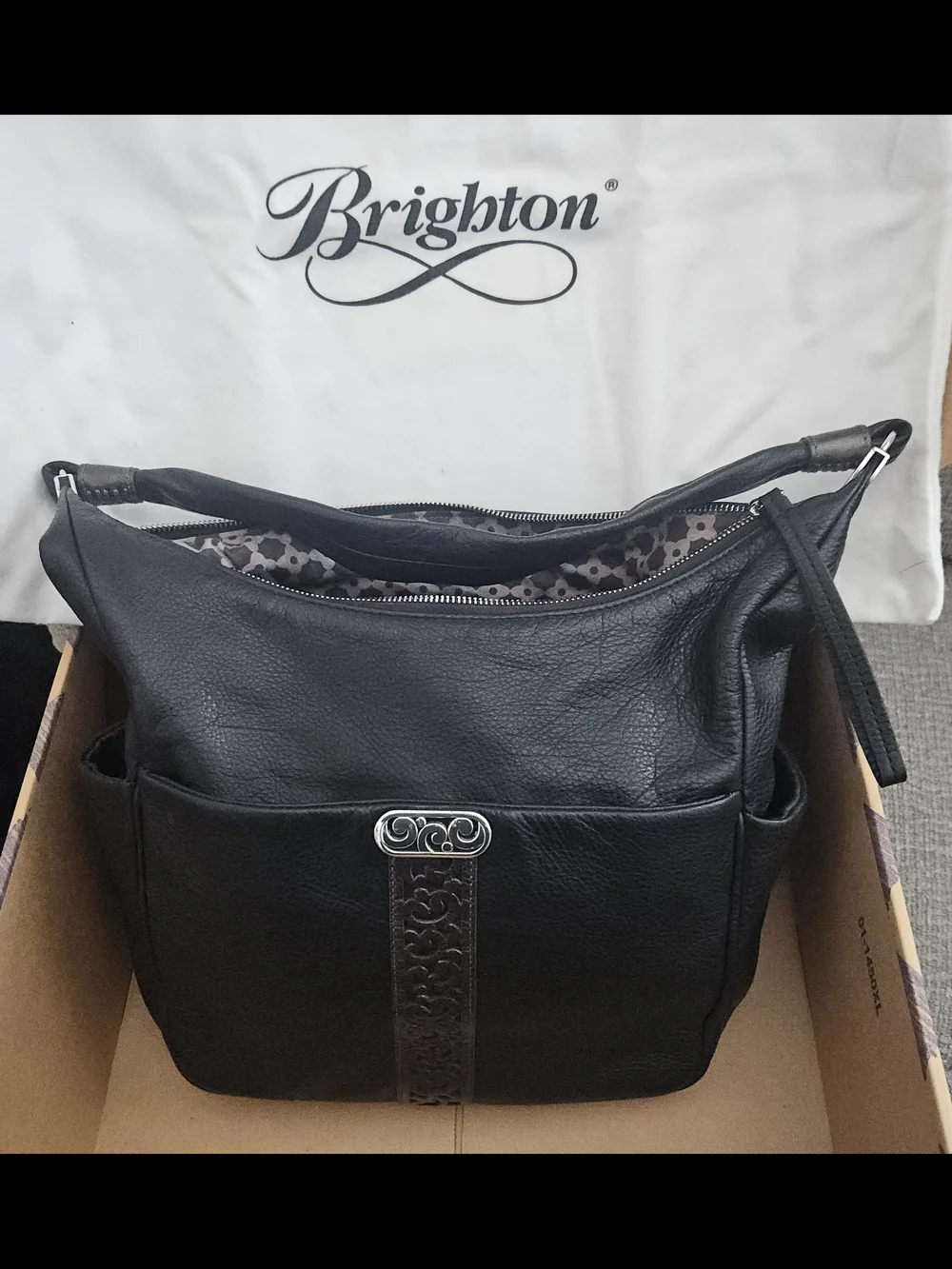 Brighton Black Leather Hobo with Decorative Silver Hardware